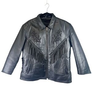 USA‎ Bikers Dream Women's 2XL Black Leather Fringe Western Jacket Motorcycle XXL